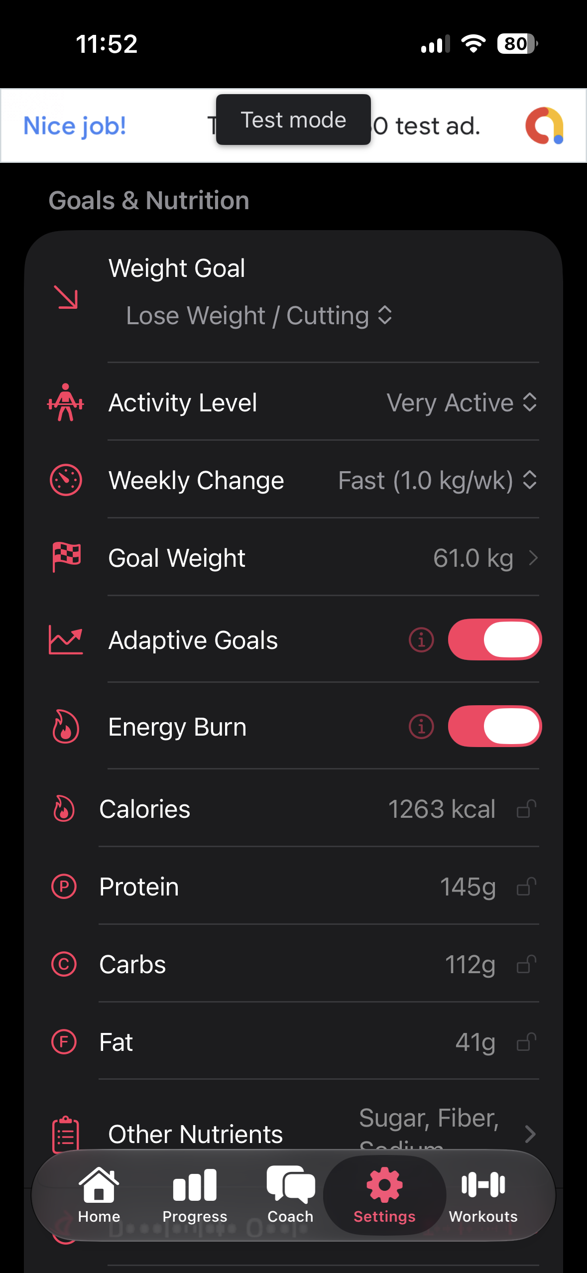 Fud AI goals and nutrition settings with adaptive goals and energy burn