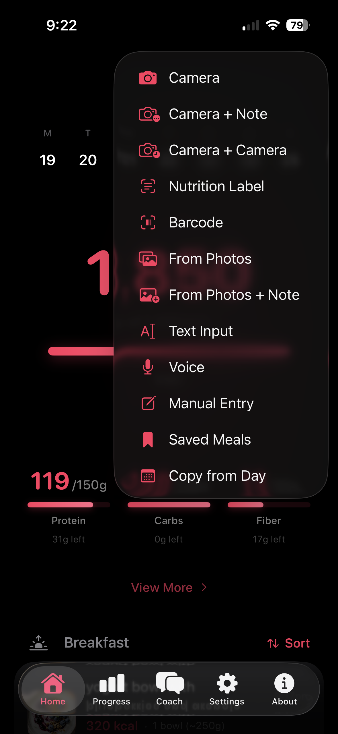 Logging options menu with camera, photos, notes, text, voice, manual, and saved meals